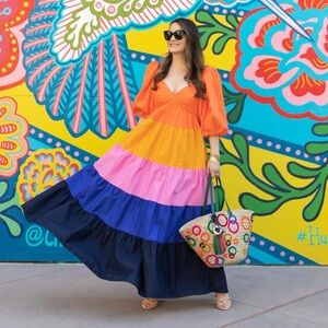 NWT Anthropologie Farm Rio Colorblock Maxi Dress Puff Sleeve XXS